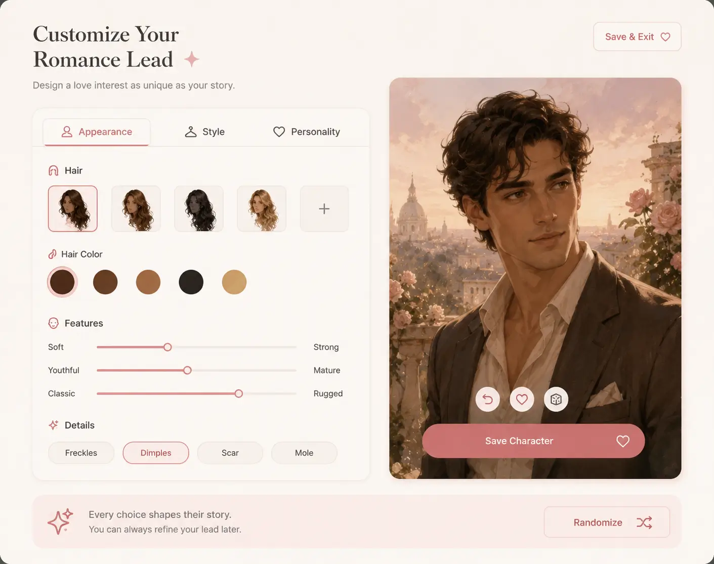 Character customization screen for creating a personalized romance lead in My Spicy Vanilla